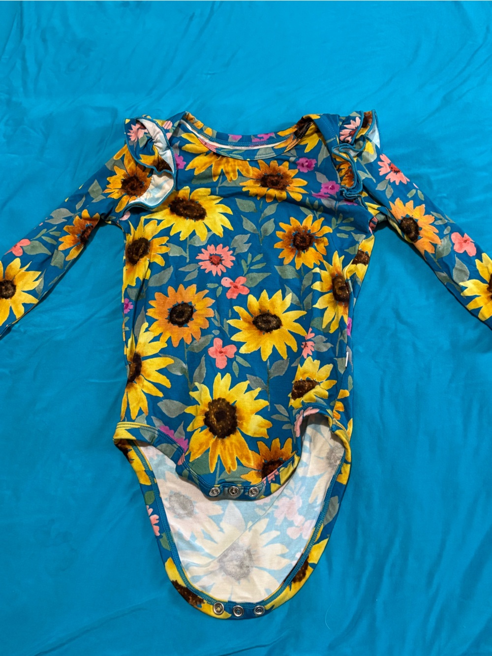Little Sleepies Teal Floral Sunflower Romper with Pink Accents
